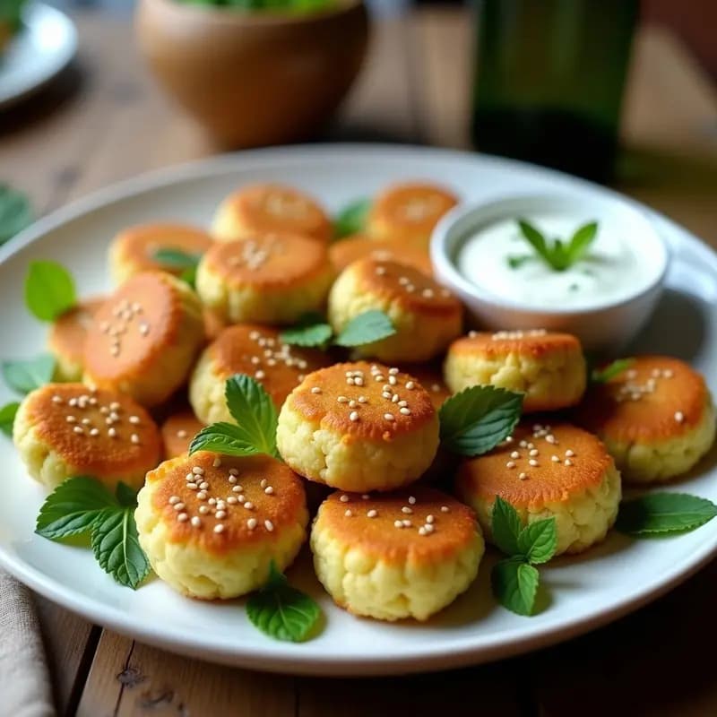 Kibbeh de Calabacín y Queso Halumi dorados y crujientes en una fuente de cerámica blanca, decorados con semillas de sésamo y hierbabuena fresca, con un fondo rústico de madera.