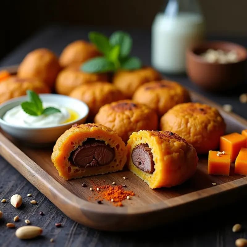 Bandeja de madera con Kibbeh de calabaza y cordero horneadas, doradas y crujientes, rellenas de carne especiada con Baharat, acompañadas de salsa de yogur con hierbabuena y trozos de calabaza asada, sobre un mantel rústico con especias esparcidas.