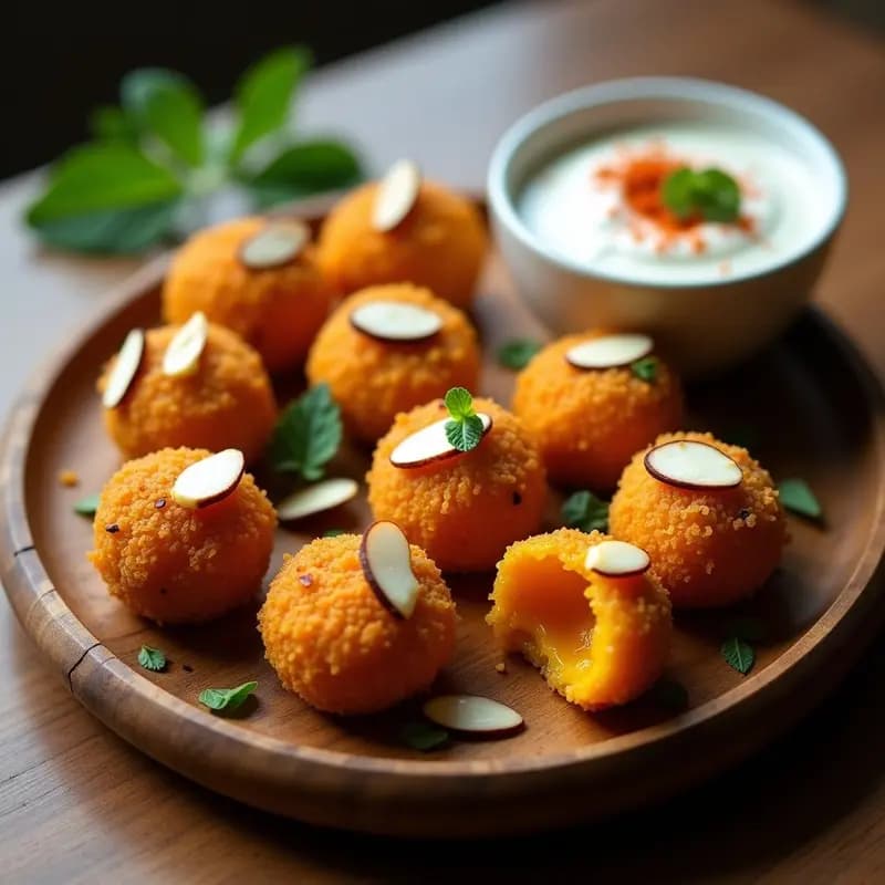 Kibbeh de calabaza y queso halloumi doradas y crujientes en una fuente de madera, con almendras fileteadas visibles en la superficie. Acompañadas de un bol de salsa de yogur con pimentón y un toque de perejil fresco. Plato típico libanés en versión airfryer.