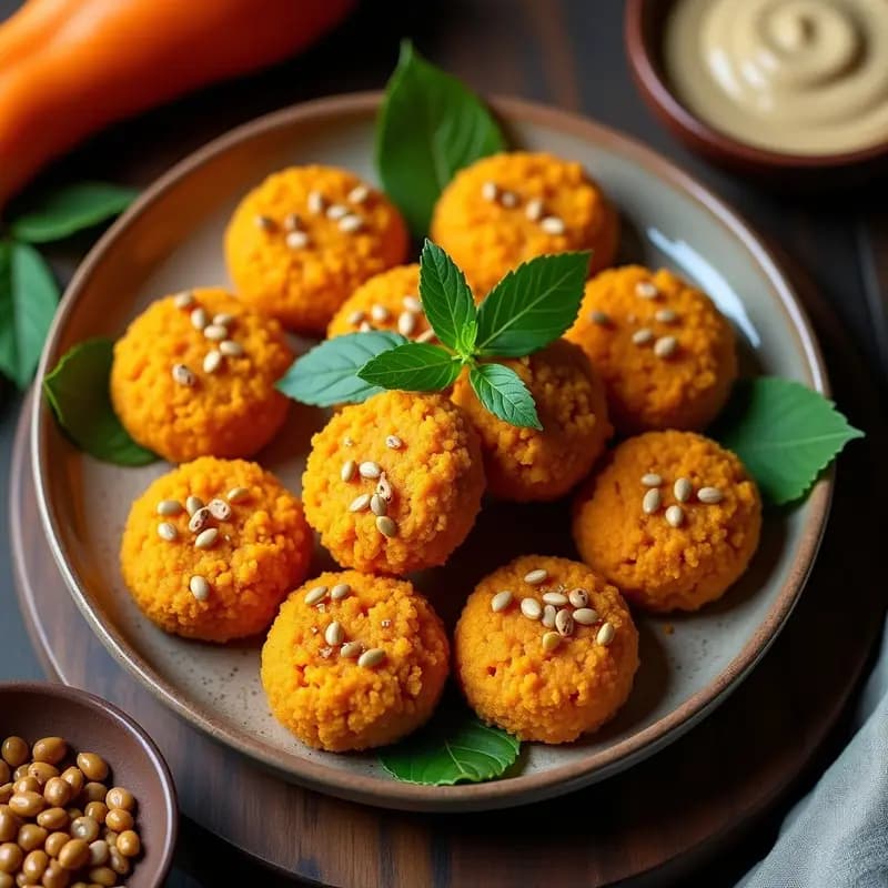 Plato de kibbeh vegano de calabaza y nuevo de trigo, doradas y crujientes, con semillas de sésamo y hierbabuena fresca, servidas en bandeja rústica de madera.