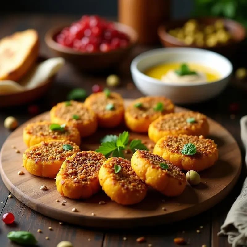 Kibbeh libanés vegano crudivegano de calabaza y pistachos, con forma de croqueta alargada, cubierto de semillas de sésamo tostadas, dispuesto en bandeja de madera rústica con hierbas frescas y salsa de tahini al fondo.