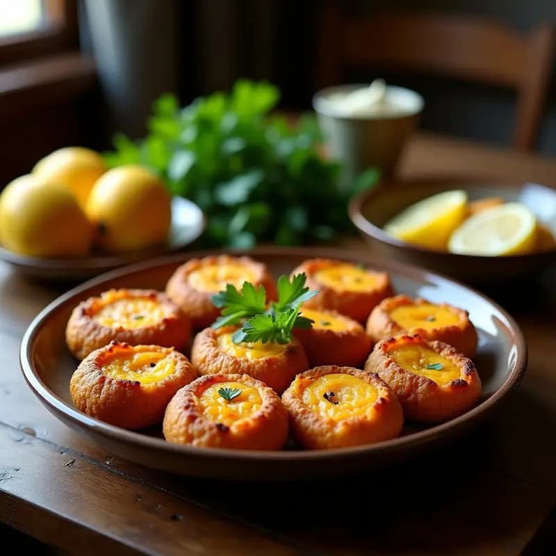 Kibbeh de calabaza y queso feta al horno, dorados y crujientes, dispuestos en una bandeja de cerámica con perejil fresco y rodajas de limón, receta siria vegana y sin fritura.