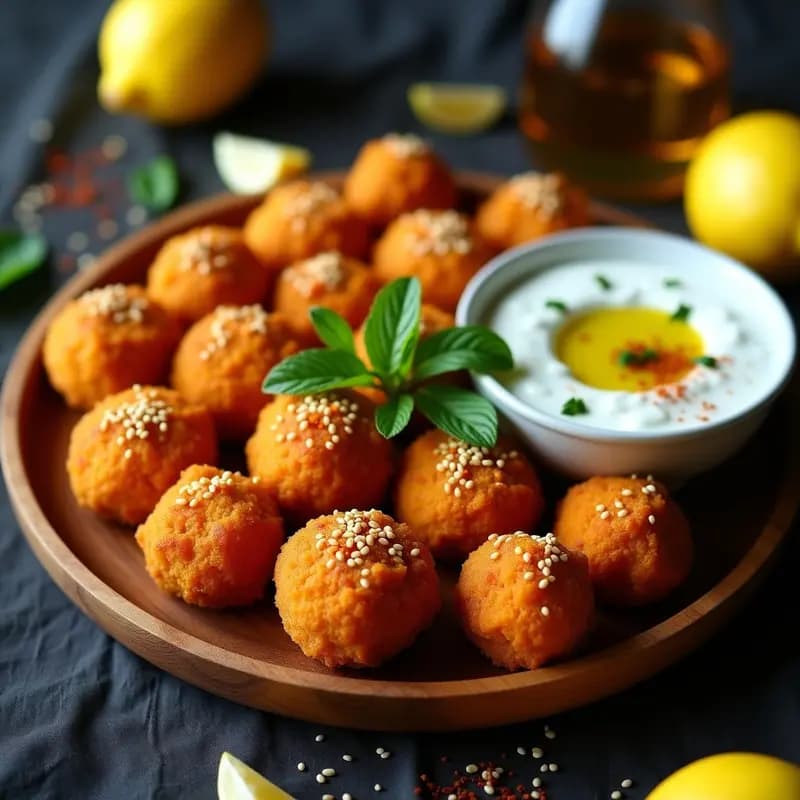 Croquetas doradas de kibbeh de calabaza vegano con textura crujiente, dispuestas en un plato de cerámica blanca con salsa de yogur cremosa y hierbas frescas, estilo cocina árabe tradicional.