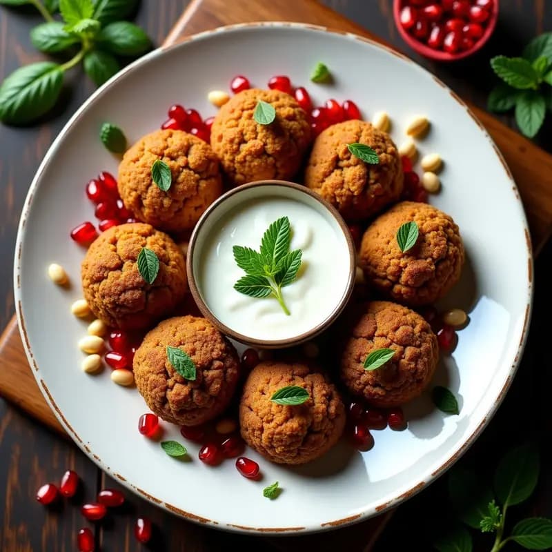 Plato blanco de cerámica con kibbeh de carne y bulgur dorados y crujientes, servidos con salsa de yogur cremoso y semillas de granada rojas vibrantes. Receta libanesa tradicional con toque fresco.
