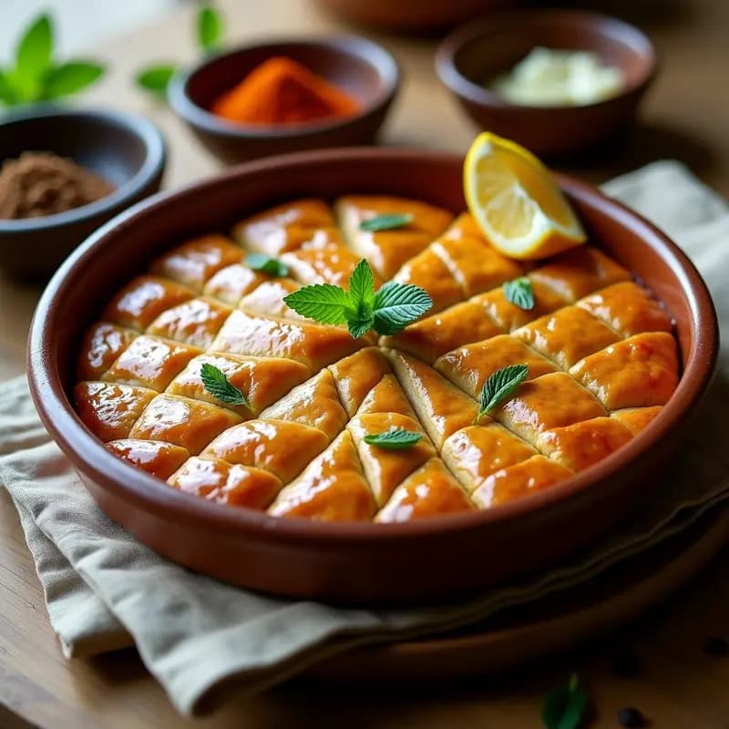 Kibbeh de Cordero y Bulghur al Horno en bandeja de barro, con corteza dorada y crujiente, cortes en forma de diamante y relleno jugoso de cordero y piñones, acompañada de hierbas frescas.