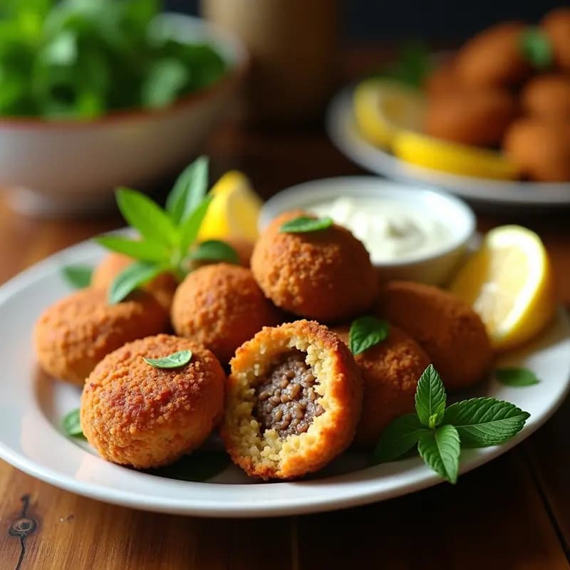 Plato blanco con Kibbeh de cordero y bulgur dorados y crujientes, servidos en forma ovalada sobre hojas de menta fresca, acompañados de yogur natural y rodajas de limón, receta libanesa tradicional en airfryer.