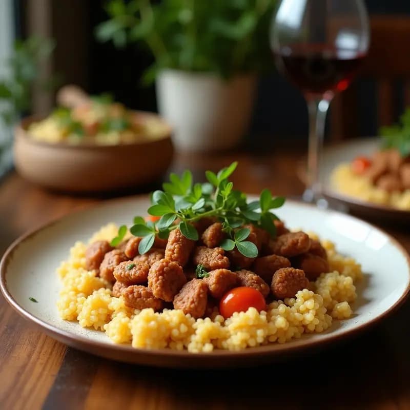 Plato blanco rústico con Kibbeh de cordero y bulgur dorados, rellenos de piñones, decorados con hojas de menta fresca y acompañados de salsa de yogur. Receta tradicional libanesa con especias y hierbas frescas.