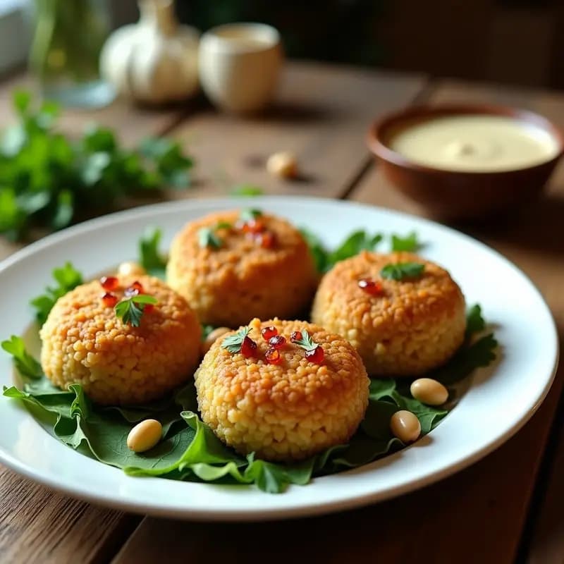 Plato blanco con kibbeh libanés de cordero y bulgur dorado y crujiente, relleno de carne especiada, servido sobre hoja de perejil fresco con piñones visibles en el relleno.