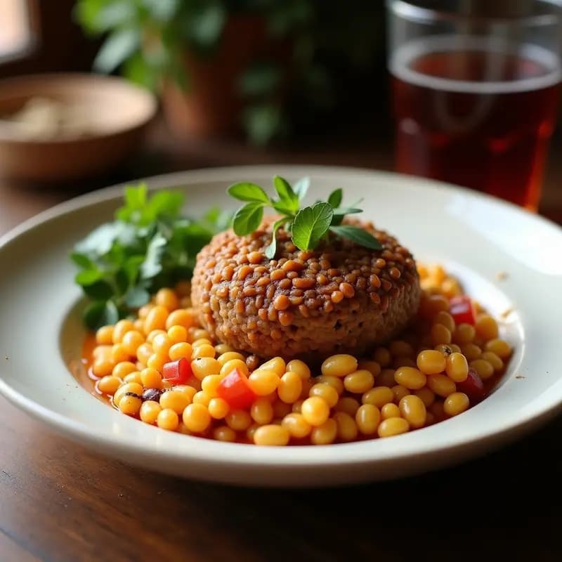 Plato blanco con kibbeh de cordero y bulgur frita, dorada y crujiente por fuera, con toques de pimienta Alepo y piñones. Acompañada de rodajas de limón y menta fresca sobre fondo rústico de madera.