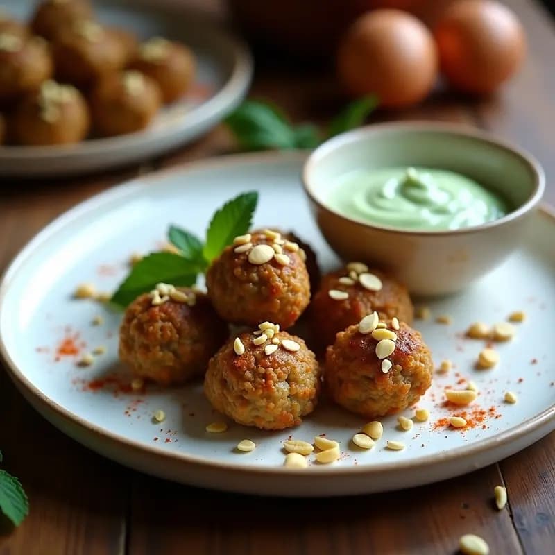 Albóndigas árabes doradas de kibbeh de cordero y bulgur, crujientes por fuera, servidas en plato blanco con salsa cremosa de yogur y menta, decoradas con hojas frescas de menta y piñones tostados.