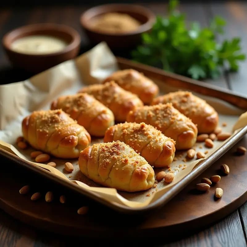 Bandeja de horno con Kibbeh Nabulsiyeh doradas y crujientes, empanadas palestinas alargadas de cordero y bulgur, con especias visibles en la superficie y un fondo de piñones tostados.