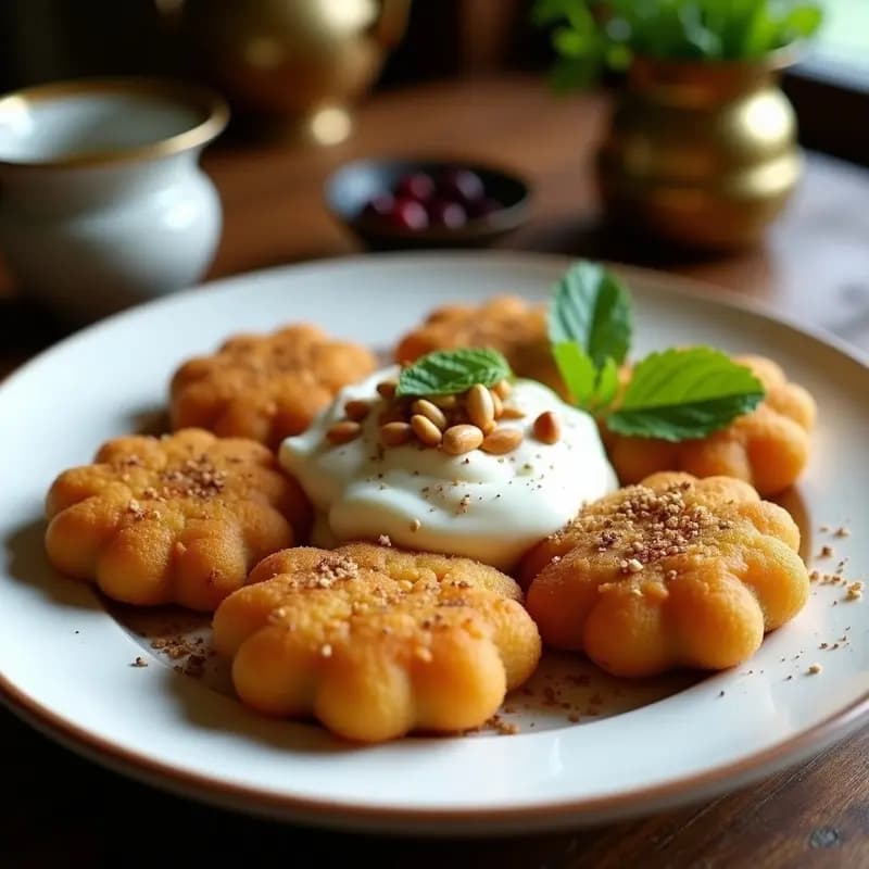Kibbeh de cordero y piñones dorados en airfryer, con textura crujiente por fuera y jugosa por dentro, servidos en plato de cerámica blanca con hierbabuena fresca y yogur griego al lado.