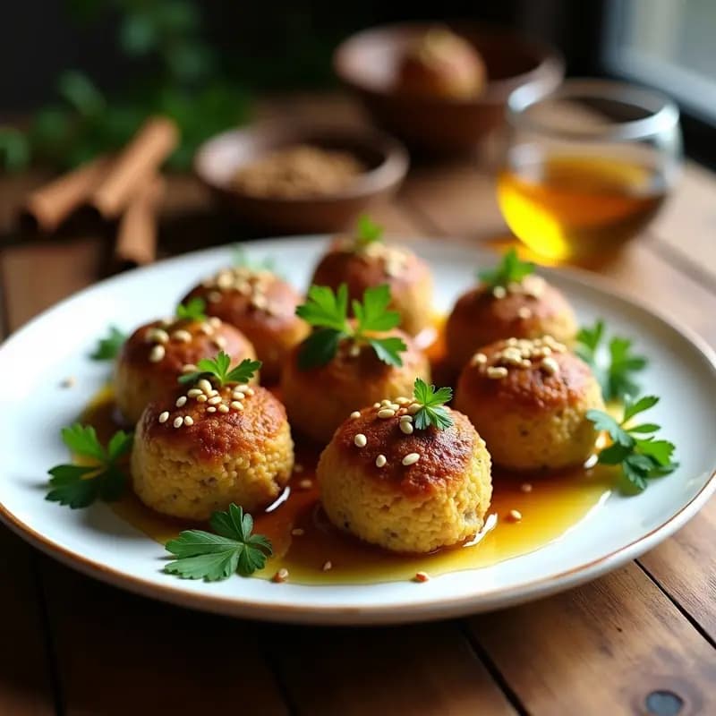 Plato de cerámica blanca con kibbeh de cordero y piñones doradas, rellenas de piñones tostados, servidas sobre un lecho de perejil fresco y espolvoreadas con semillas de sésamo. Fondos de especias como comino y canela visibles en el plato. Receta árabe tradicional en olla express.