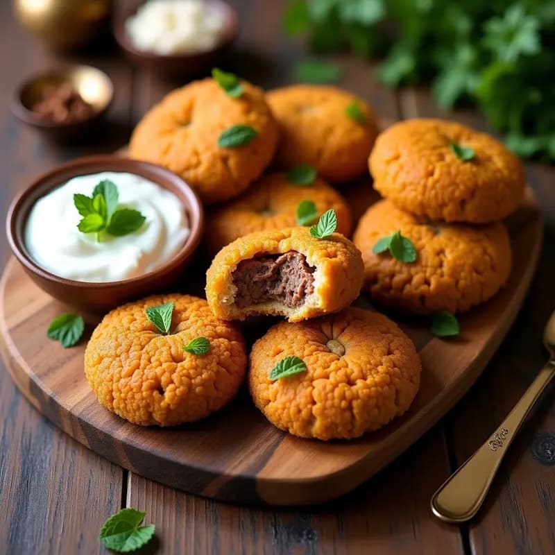Kibbeh de cordero y trigo burgol al horno, dorado y crujiente, cortado en porciones diamante sobre bandeja de madera rústica, acompañado de salsa de yogur griego con menta fresca.