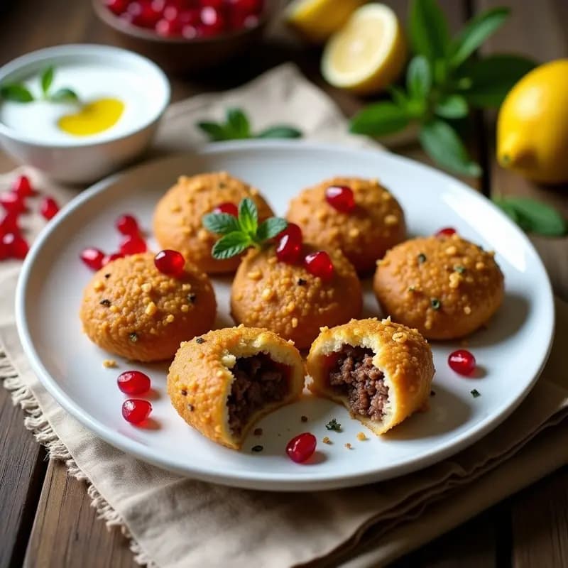 Plato de cerámica blanca con seis unidades de Kibbeh de Cordero Libanes dorados y crujientes, rellenos de especias, acompañados de un bol de salsa de yogur cremosa y semillas de granada rojas brillantes esparcidas por encima. Fondo rústico con telas de lino beige y hierbas frescas.