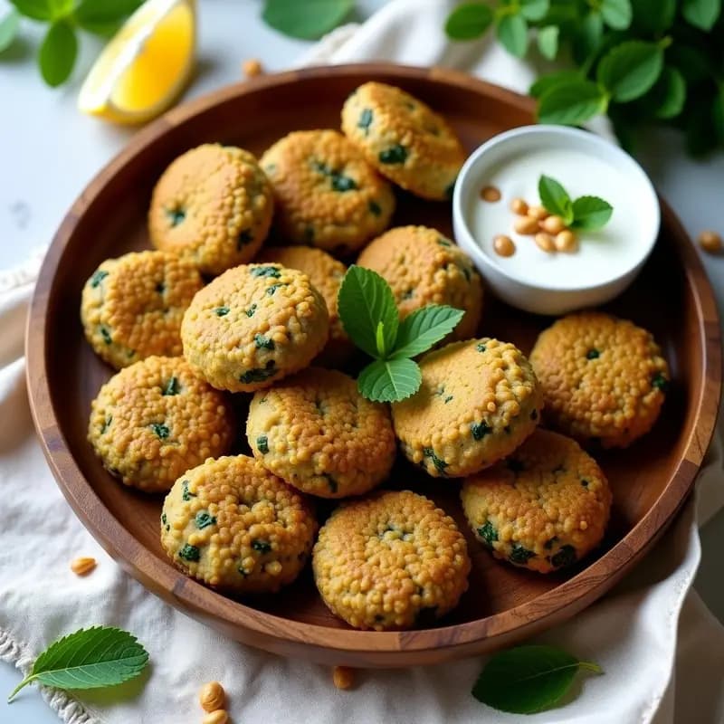 Plato de kibbeh libanesa vegana dorada al horno, con textura crujiente por fuera y rellena de espinacas y lentejas. Acompañada de salsa cremosa de yogur de soja con menta y piñones tostados, sobre fondo rústico de madera.