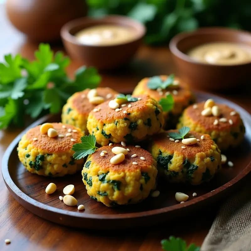 Plato blanco con seis kibbeh de espinacas y piñones veganos, dorados y crujientes por fuera, con semillas de sésamo y piñones tostados en la superficie. Acompañados de una salsa cremosa de tahini y perejil fresco. Receta árabe vegana con toque crujiente.