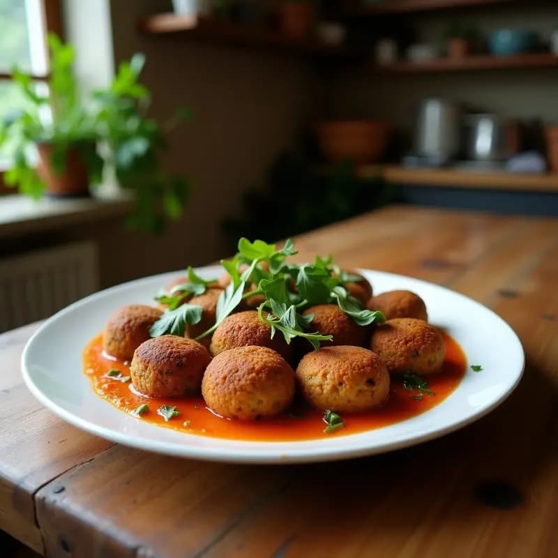 Plato de madera rústica con 6 unidades de Kibbeh de falafel y espinacas crudivegana, de color verde intenso y forma ovalada, cubiertos con semillas de girasol y sésamo negro tostadas. Acompañados de una salsa cremosa de tahini y hierbas frescas al lado. Receta libanesa crudivegana con toque crujiente.