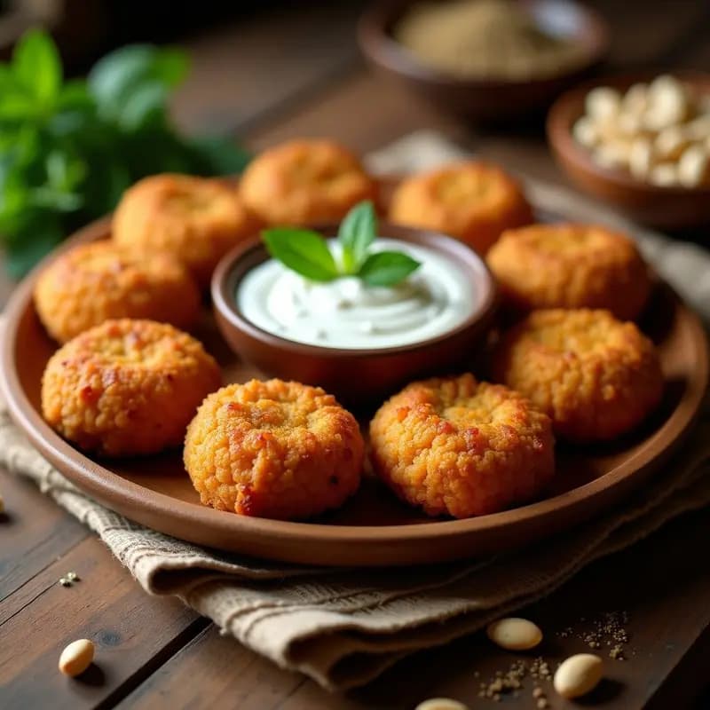 Plato blanco con croquetas doradas de Kibbeh Nabulsiyeh frito, carne y bulgur, servidas con salsa de yogur griego, hierbabuena fresca y piñones, sobre fondo de madera rústica.