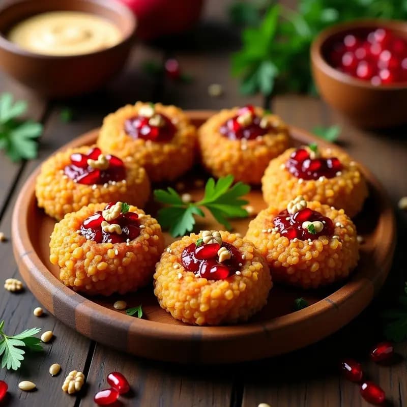 Kibbeh vegano de garbanzos dorado al horno, decorado con semillas de granado y hojas de menta fresca, servido en plato rústico de barro.
