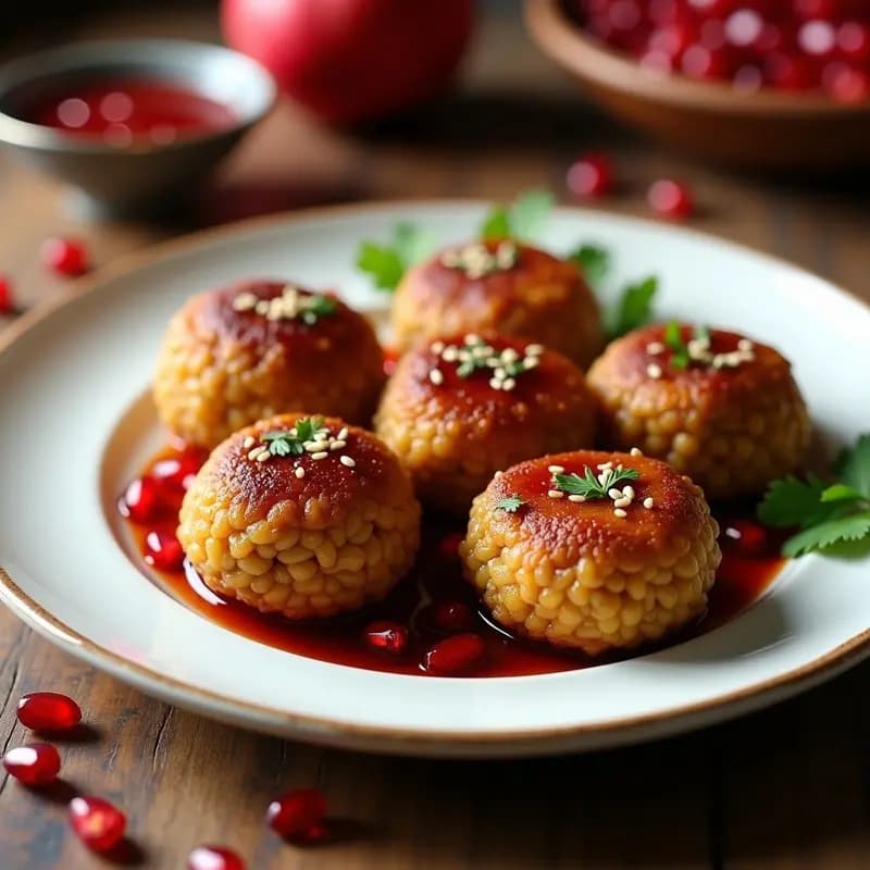 Plato de Kibbeh vegana libanesa con exterior dorado y crujiente de lentejas pardinas, rellena de semillas de granada rojo intenso, decorada con semillas de sésamo y hojas de menta fresca sobre fondo rústico.