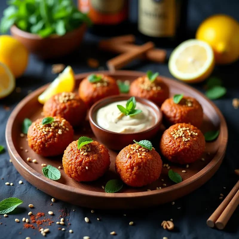 Plato de madera rústico con Kibbeh de lentejas rojas y nueces crudiveganas, forma de media luna, espolvoreadas con semillas de sésamo y menta fresca, acompañadas de salsa de tahini y rodajas de limón, receta libanesa con especias orientales.