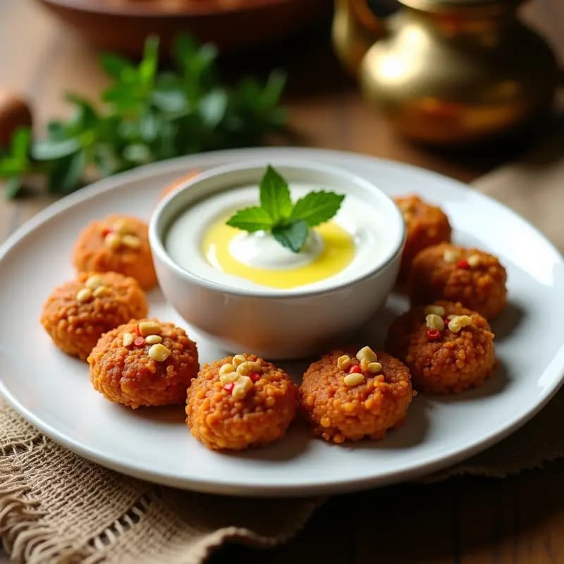 Plato de madera rústico con kibbeh vegano de lentejas rojas y nueces dorados, dispuestos en círculo alrededor de un bol pequeño de dip de yogur de soja cremoso, decorado con hierbabuena fresca y especias, fondo difuminado con tonos cálidos.