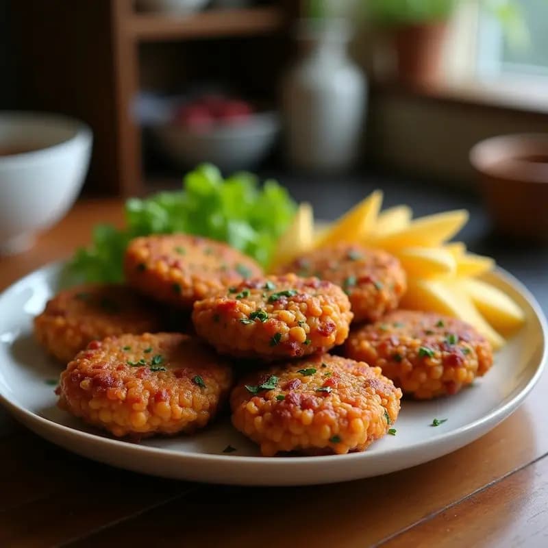 Kibbeh de lentejas y nuez de cordero dorados y crujientes servidos en plato blanco con hierbabuena fresca, receta libanesa en airfryer.