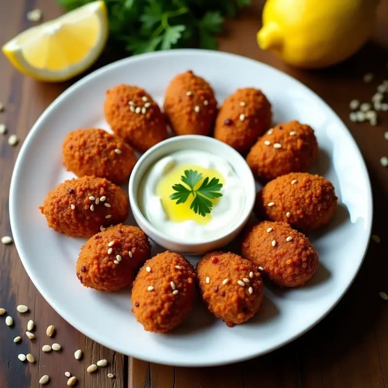 Plato blanco con kibbeh de lentejas rojas doradas y crujientes, servidas con yogur de ajo cremoso y decoradas con cilantro fresco y semillas de sésamo. Receta libanesa vegana y alta en proteína.