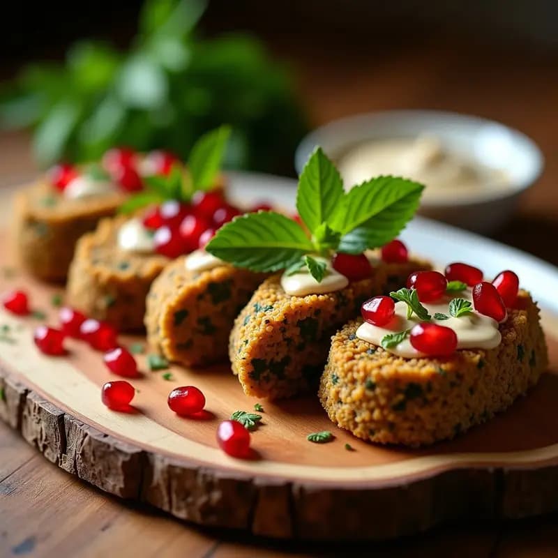 Kibbeh de lentejas rojas y espinacas vegano con crujiente de bulgur y piñones, servido en bandeja rústica con semillas de granada y tahini, receta libanesa tradicional reinventada.