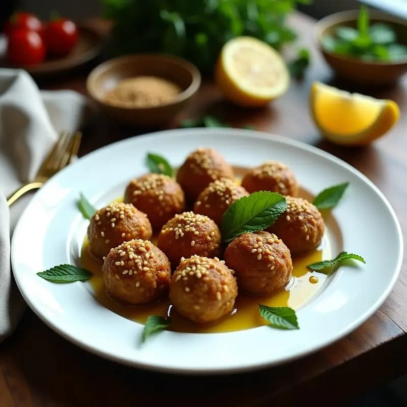 Plato de madera rústico con Kibbeh de lentejas rojas y nueces crudiveganas, albóndigas ovaladas doradas con textura crujiente, decoradas con semillas de sésamo y perejil fresco, acompañado de salsa de tahini y rodajas de limón.