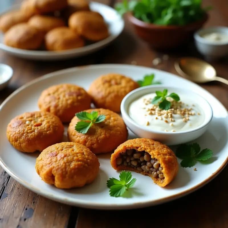Kibbeh de lentejas yebra vegano con especias orientales, empanizado crujiente con sésamo y almendras, servido en bandeja de madera con dip de tahini y hierbas frescas.