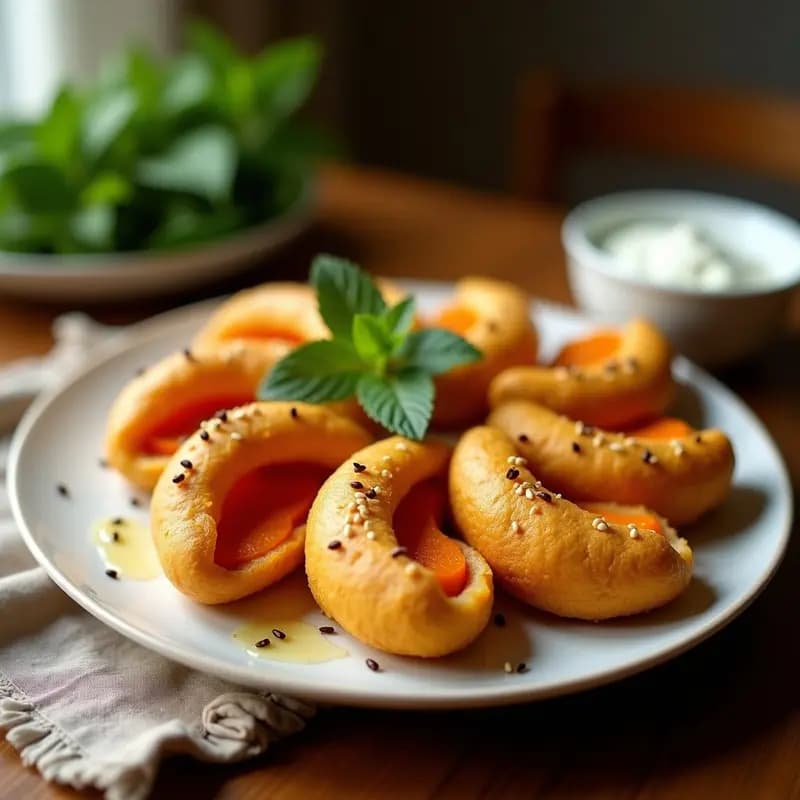 Kibbeh Libya dorados y crujientes con forma de media luna, rellenos de calabaza asada y queso halloumi, servidos en una fuente de cerámica blanca con semillas de sésamo visibles y hojas de hierbabuena como decoración, receta árabe en airfryer.