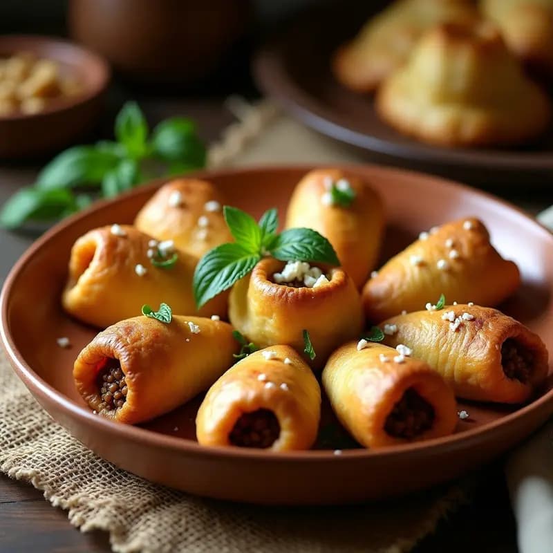 Bandeja de horno con Kibbeh Nabulsieh doradas y crujientes, rellenas de queso de cabra y carne de cordero, decoradas con hojas de menta fresca y piñones tostados.