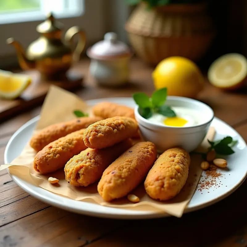Plato de porcelana blanca con Kibbeh Nabulsiyeh recién fritas, doradas y crujientes, dispuestas en forma de abanico sobre papel absorbente. Acompañadas de un cuenco de yogur cremoso con menta fresca y rodajas de limón. Fondo rústico con especias y piñones esparcidos.