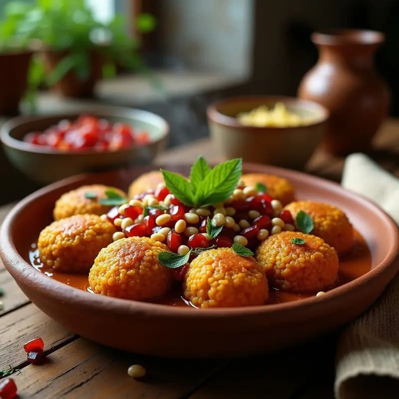 Plato tradicional iraquí de Kibbeh Nahrain con discos dorados de cordero y trigo burgol, bañados en salsa espesa de tamarindo y granada, decorados con piñones tostados y menta fresca, servido en cuenco de barro sobre fondo rústico.
