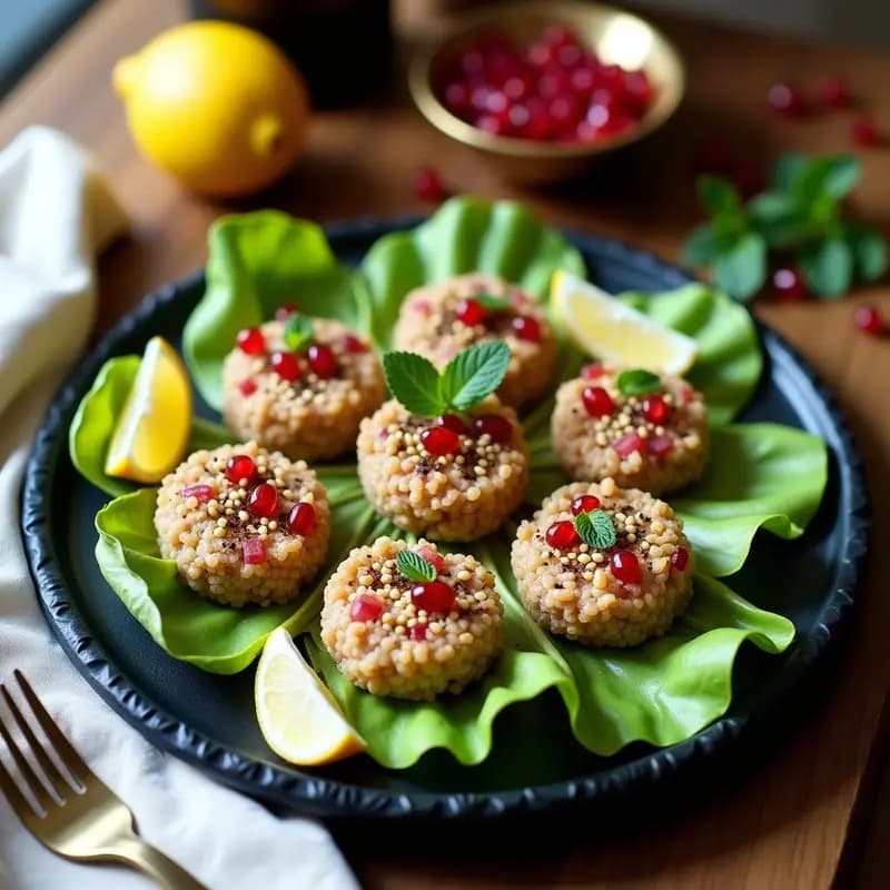 Plato de pizarra con Kibbeh Nahrayeh libanesa: bolitas de pastel de pescado crudo y bulgur con especias, servidas sobre hojas de lechuga romana, decoradas con semillas de sésamo y granada, acompañadas de limón en rodajas.