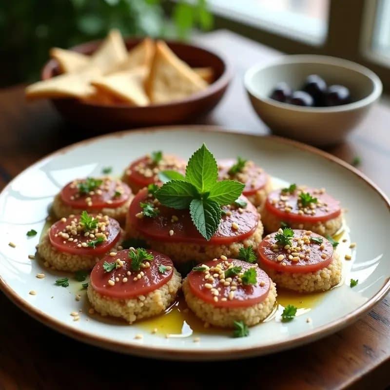 Plato tradicional libanés de Kibbeh Nahyeh de cordero crudo con trigo bulgur, decorado con hierbabuena, perejil y semillas de sésamo, servido en fuente de cerámica blanca con pan de pita al lado.