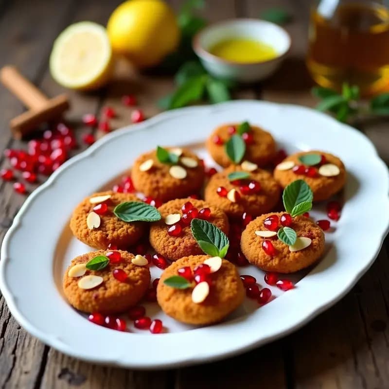 Plato blanco con Kibbeh Nawleh de trigo burgol dorados y crujientes, decorados con semillas de granada rojas y hojas de menta fresca. Aperitivo sirio vegano tradicional con textura rústica y especiada.