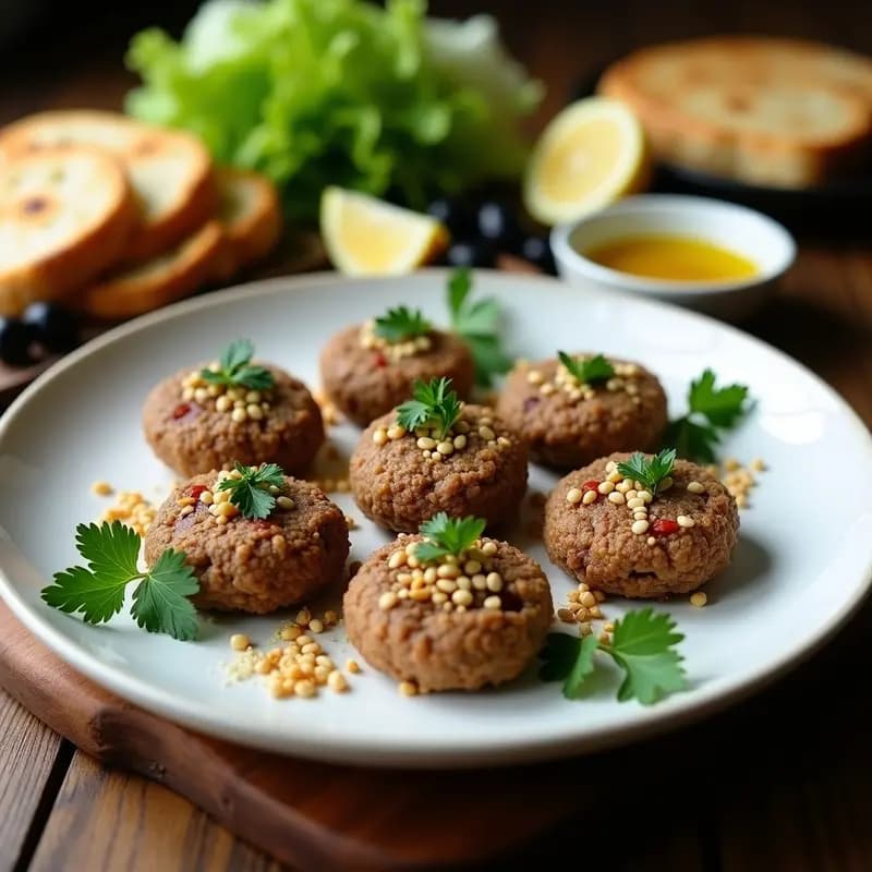 Plato tradicional libanés de Kibbeh Naya de cordero crudo con especias, servido en fuente de cerámica con pan árabe y hojas de menta, receta árabe cruda y alta en proteína.