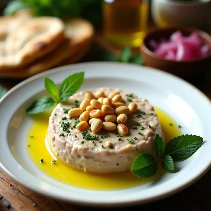 Plato libanés de Kibbeh Nayeh de cordero crudo con especias orientales, decorado con piñones tostados y menta fresca sobre hojas de lechuga, con un hilo de aceite de oliva.