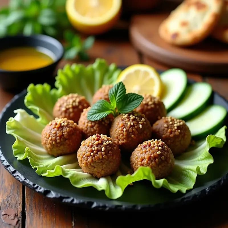 Plato de cerámica blanca con Kibbeh Nayye de cordero y bulgur cruda, bolitas especiadas decoradas con piñones tostados, rodeadas de hojas de menta fresca y rodajas de limón, sobre fondo rústico de madera con especias esparcidas.