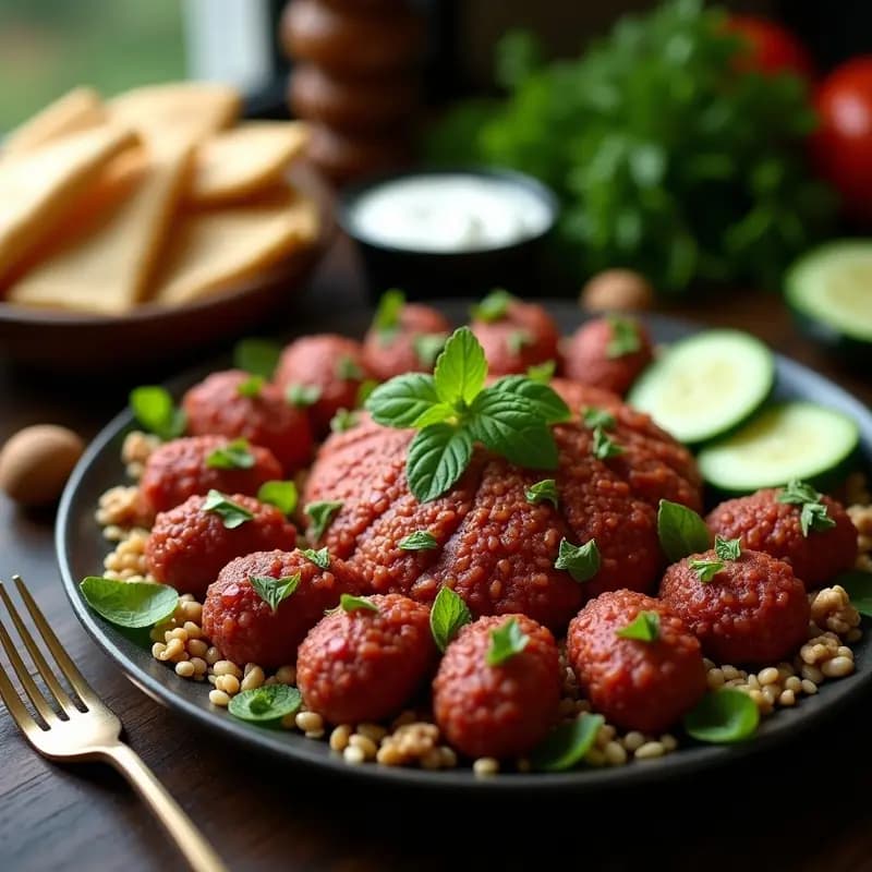 Plato tradicional libanés de Kibbeh Nayye de cordero crudo con trigo burgol, decorado con semillas de granada y nueces tostadas, servido en fuente de cerámica blanca sobre fondo rústico.