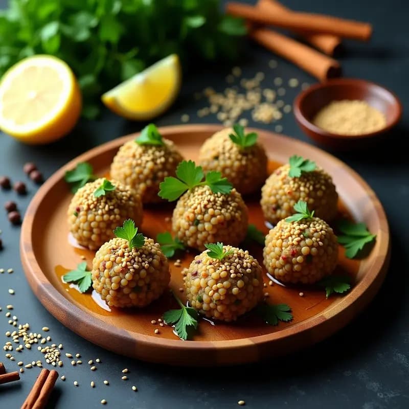 Plato de madera rústico con Kibbeh Nayye de lentejas en forma de bolitas, decorado con semillas de sésamo, perejil fresco y un hilo de aceite de oliva. Al fondo, especias libanesas como comino y sumac, y rodajas de limón. Aperitivo crudivegano y picante con textura fresca y colores vibrantes.