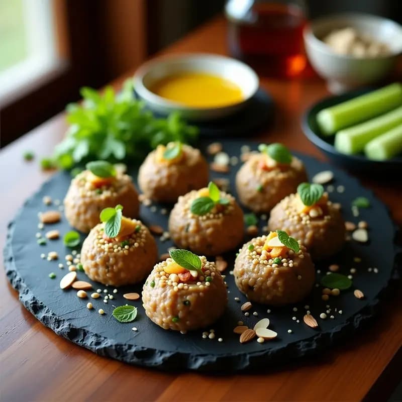Plato rústico de madera con porciones de Kibbeh Nayye de lentejas y granadilla, decorado con semillas de sésamo, almendras fileteadas y hojas de menta fresca. La textura cremosa del Kibbeh contrasta con los toques rojos de la granadilla y el verde de la menta, sobre un fondo de pan de pita integral.