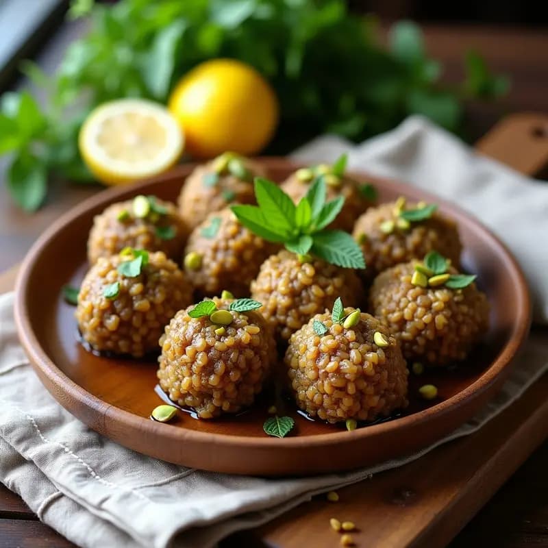 Plato de madera rústico con porciones de Kibbeh Nayye de quinua y cordero, decorado con pistachos picados y hojas de menta fresca, acompañado de rodajas de limón y un chorrito de aceite de oliva.