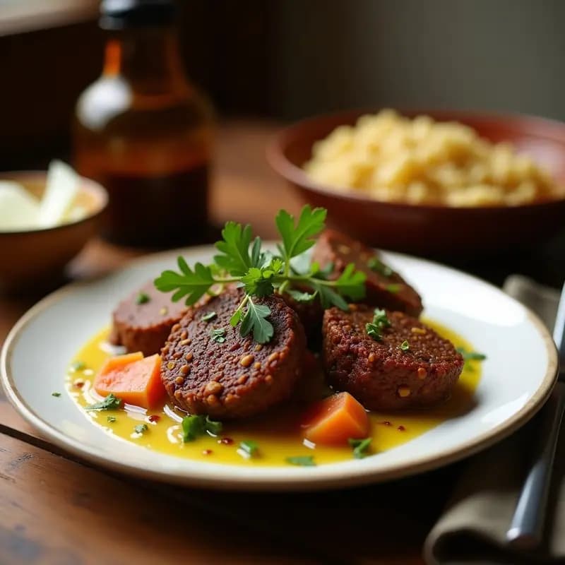 Plato tradicional libanés de Kibbeh Nayyeh cruda, con forma ovalada y decorada con piñones tostados, cebolla morada picada y un hilo de aceite de oliva virgen extra sobre fondo rústico de madera.