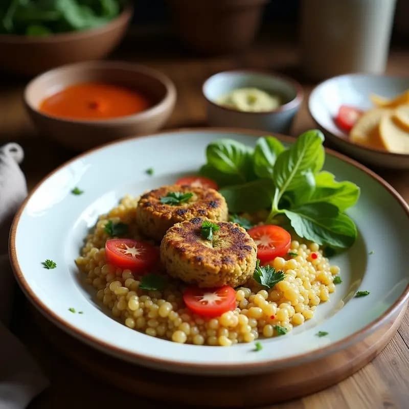 Kibbeh de quinoa y calabacín con relleno de turmérico, aperitivo sirio vegano y sin gluten, dorados y crujientes en bandeja rústica con cilantro fresco.
