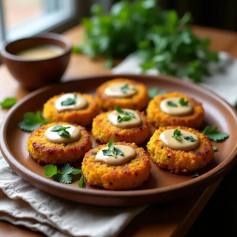 Plato blanco con Kibbeh de Quinoa y Calabaza con Tahini: unidades ovaladas doradas cubiertas de semillas de sésamo y almendras, acompañadas de salsa cremosa de tahini y decoradas con perejil fresco, receta libanesa keto y crudivegana.