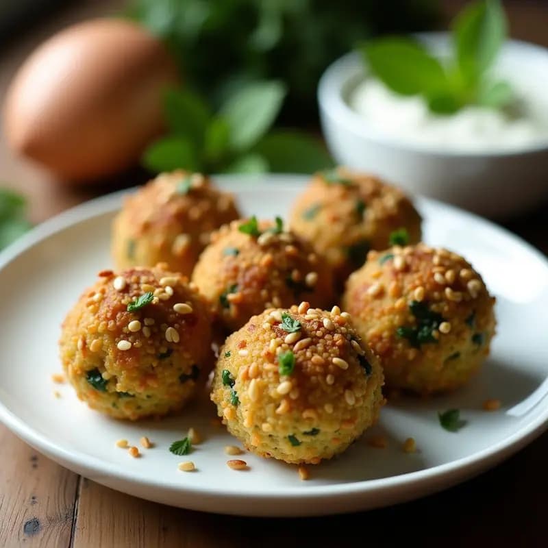 Plato blanco con kibbeh de quinoa y espinacas doradas y crujientes, rebozadas en semillas de sésamo, servidas con un dip cremoso de yogur y menta en un bol pequeño. Entrante libanés keto y sin carne cocinado en airfryer.